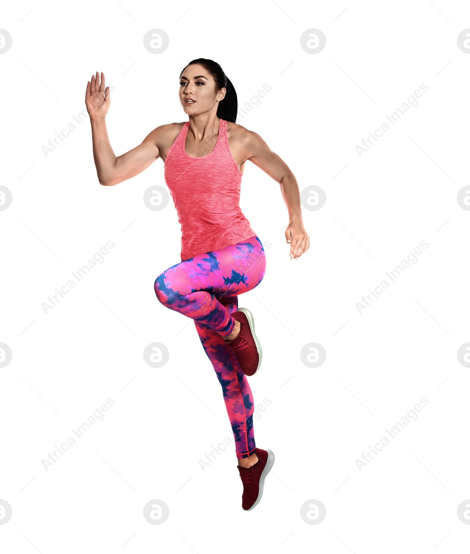 Photo of Sporty young woman running on white background