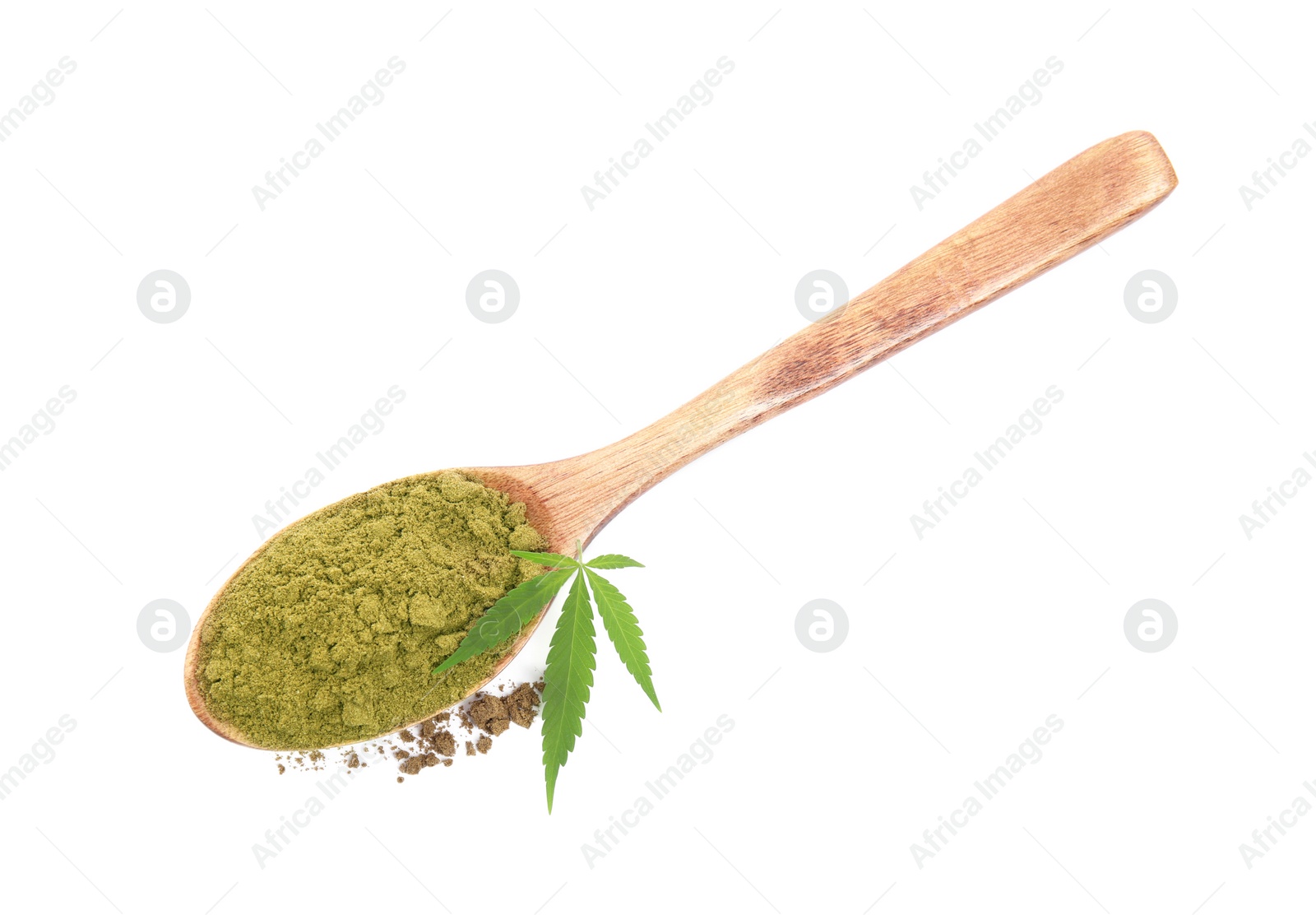 Photo of Wooden spoon with hemp protein powder and fresh leaf on white background, top view