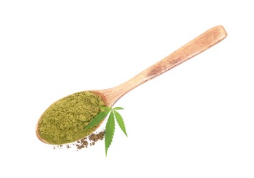 Photo of Wooden spoon with hemp protein powder and fresh leaf on white background, top view