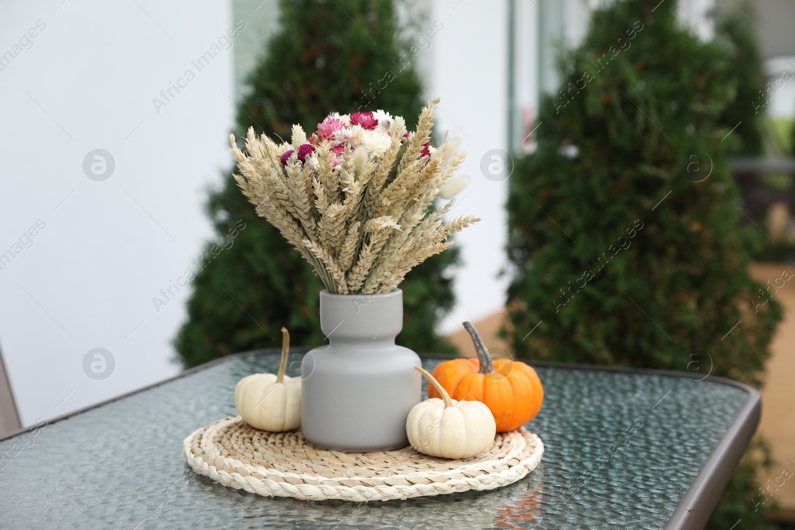 Photo of Beautiful bouquet of dry flowers and small pumpkins on glass table outdoors