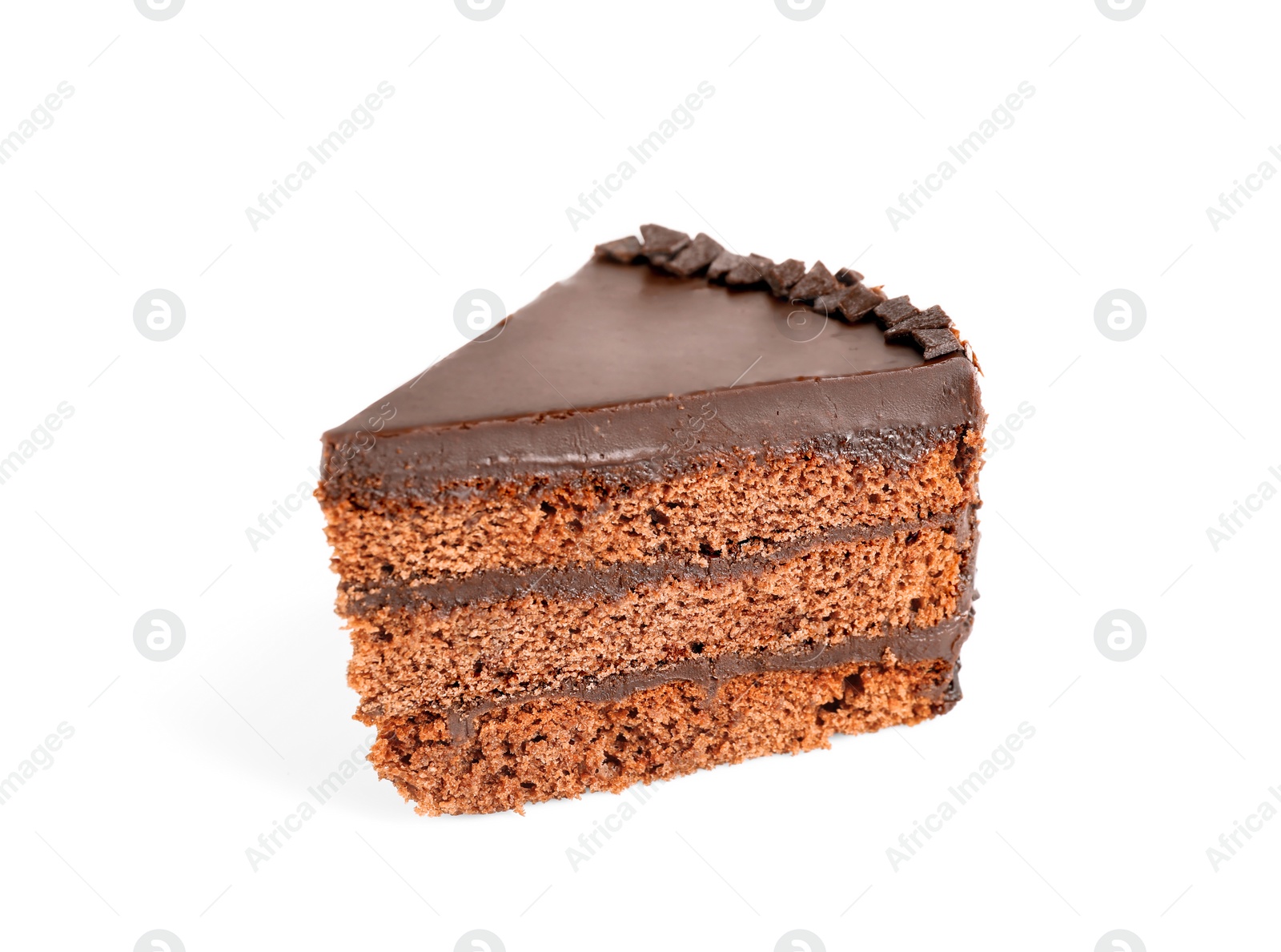 Photo of Piece of tasty chocolate cake isolated on white