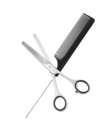 Photo of New thinning scissors and comb on white background, top view. Professional tool for haircut