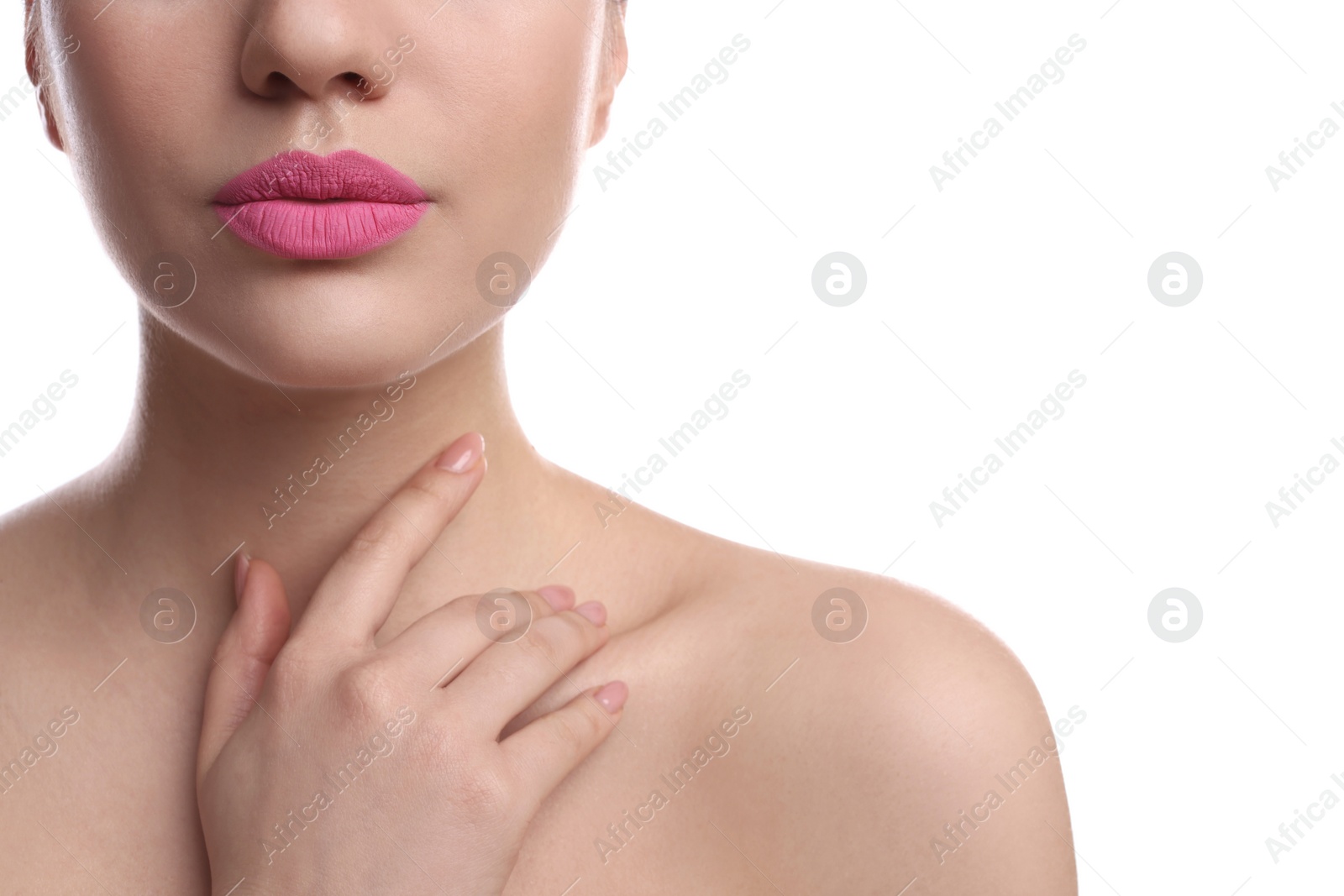 Photo of Closeup view of woman with beautiful full lips on white background