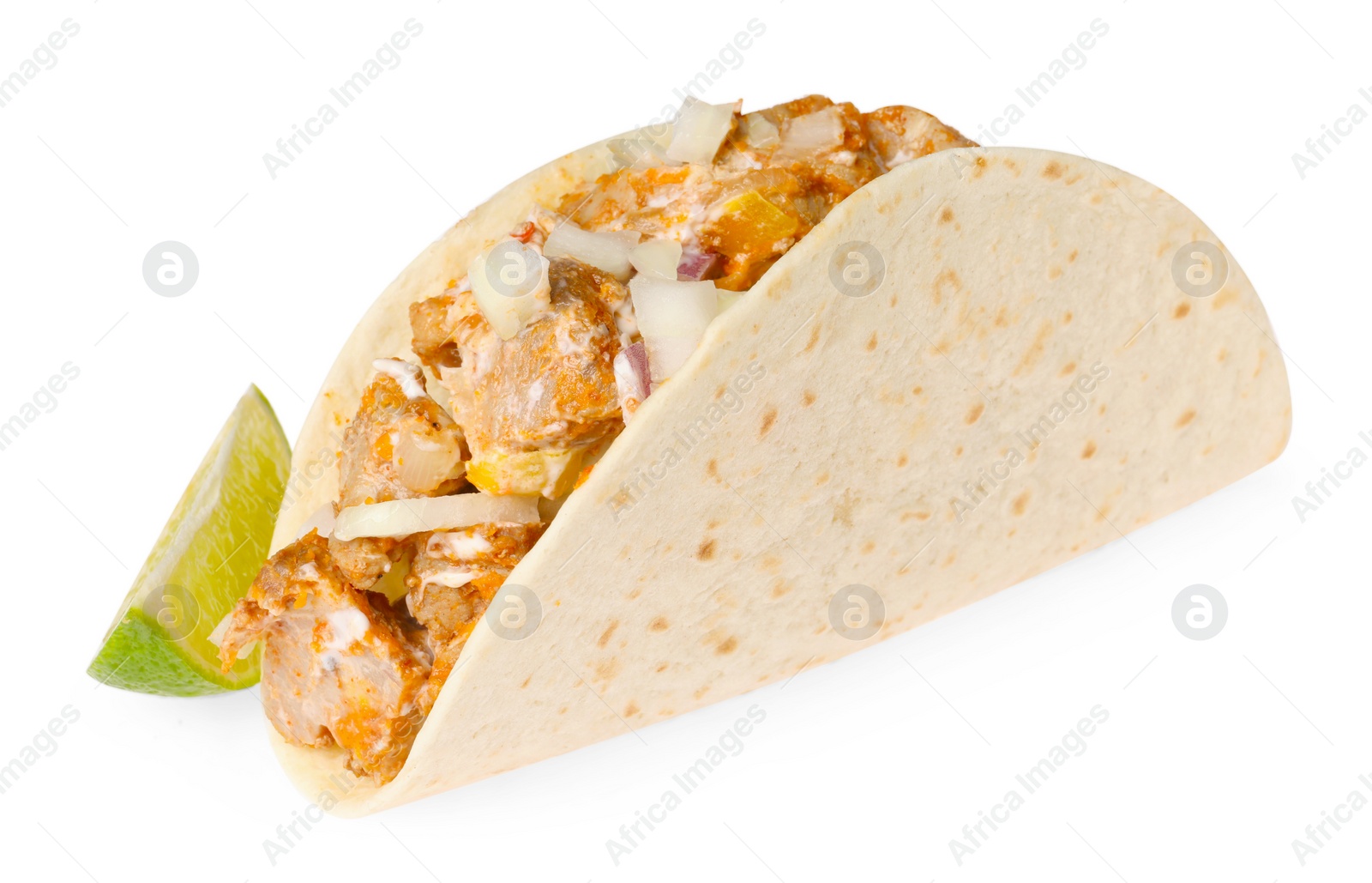 Photo of Delicious taco with meat, onion and lime isolated on white