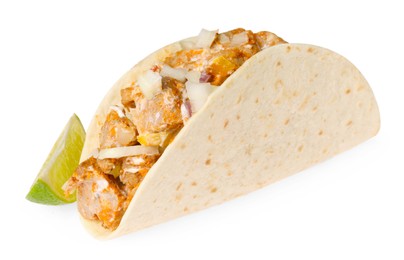 Delicious taco with meat, onion and lime isolated on white