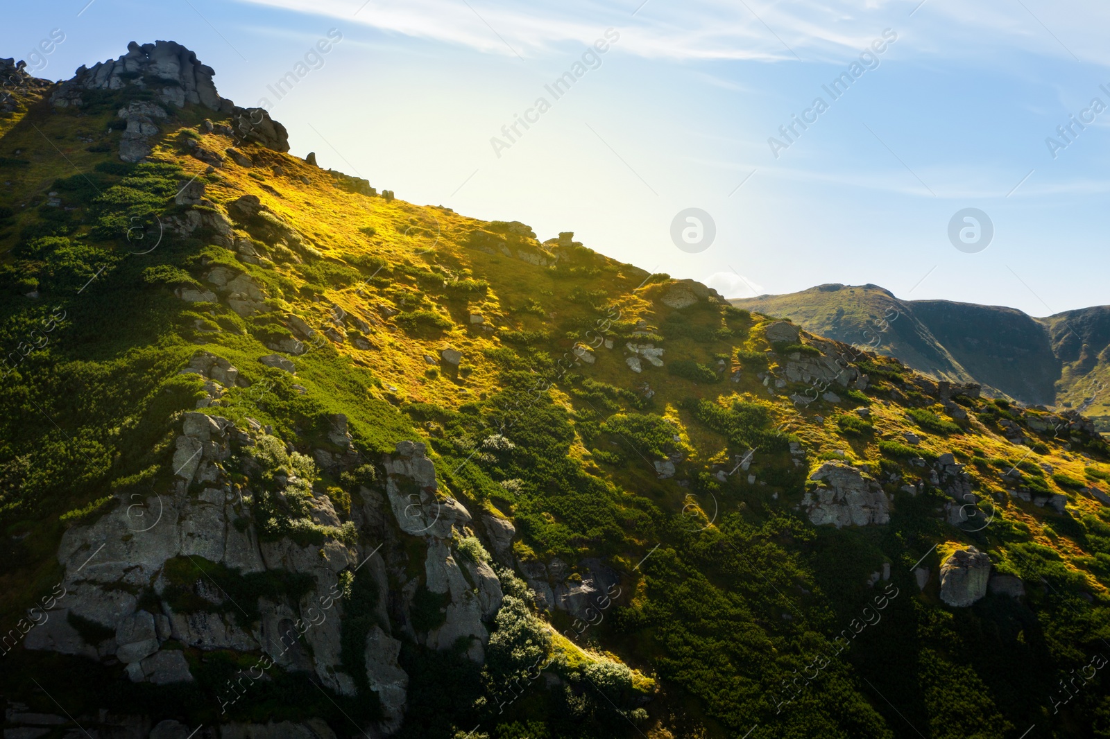 Image of Beautiful mountain landscape with cliffs on sunny day. Drone photography