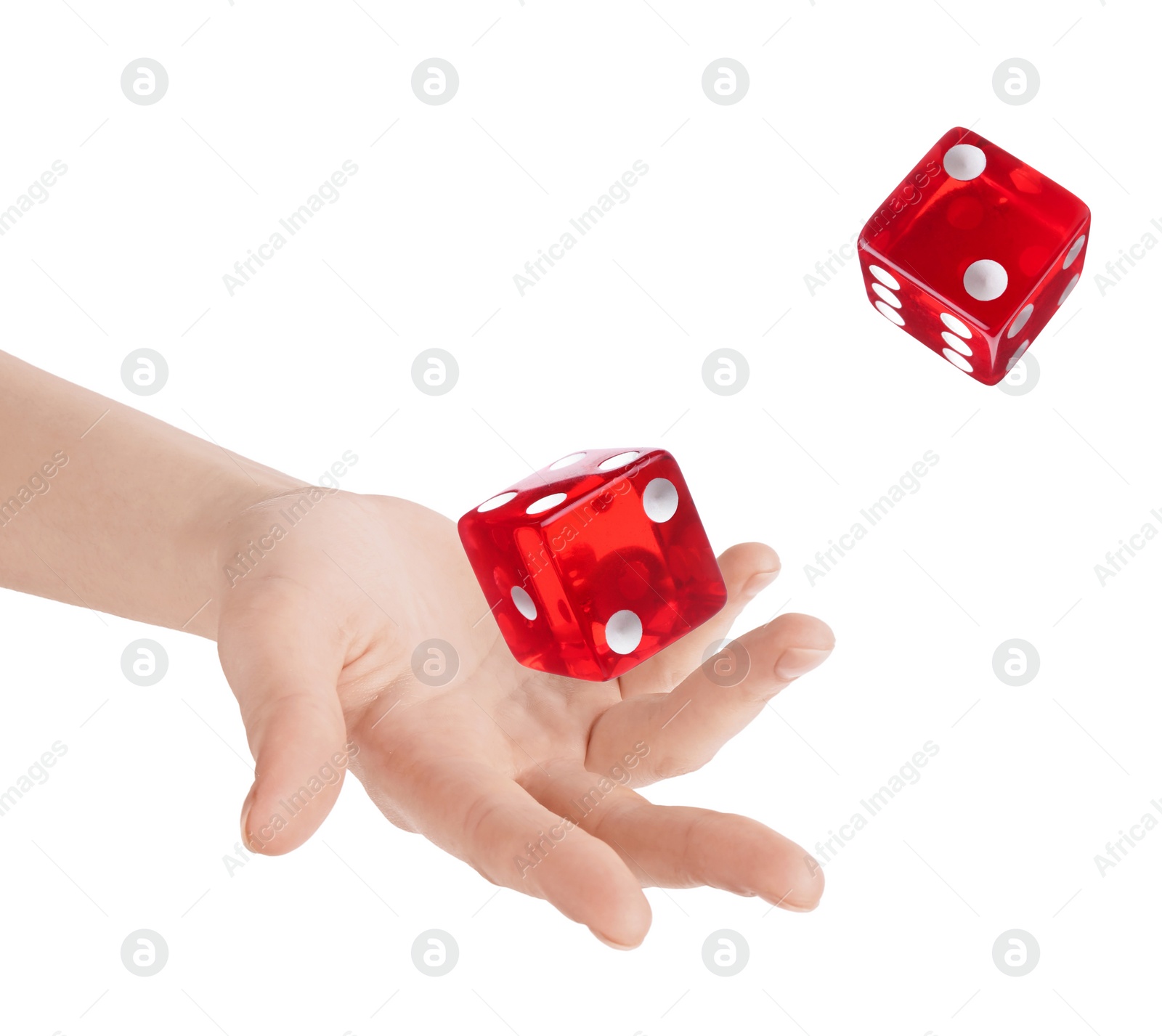 Image of Woman throwing red dice on white background, closeup