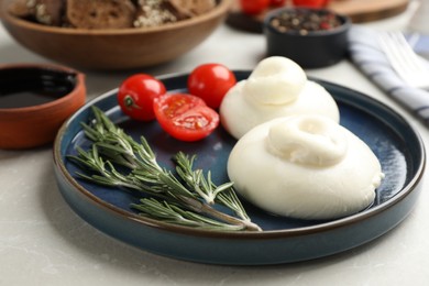 Photo of Delicious burrata cheese with rosemary and tomatoes on light table, closeup