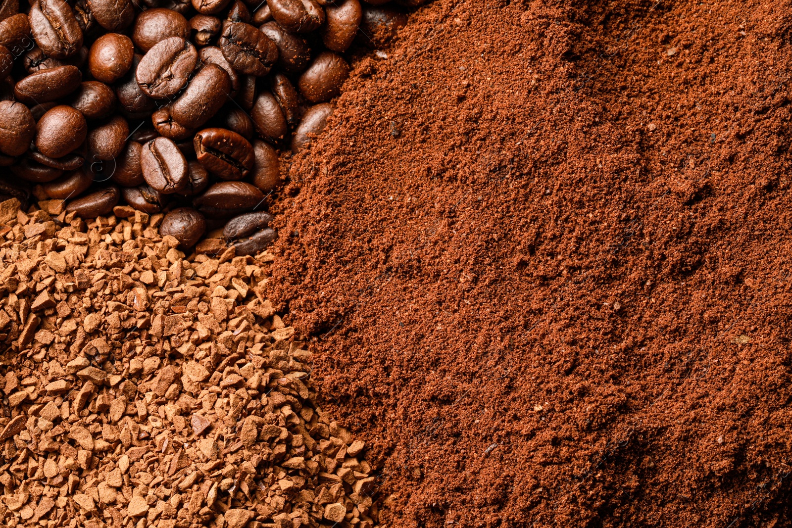 Photo of Different types of coffee as background, top view