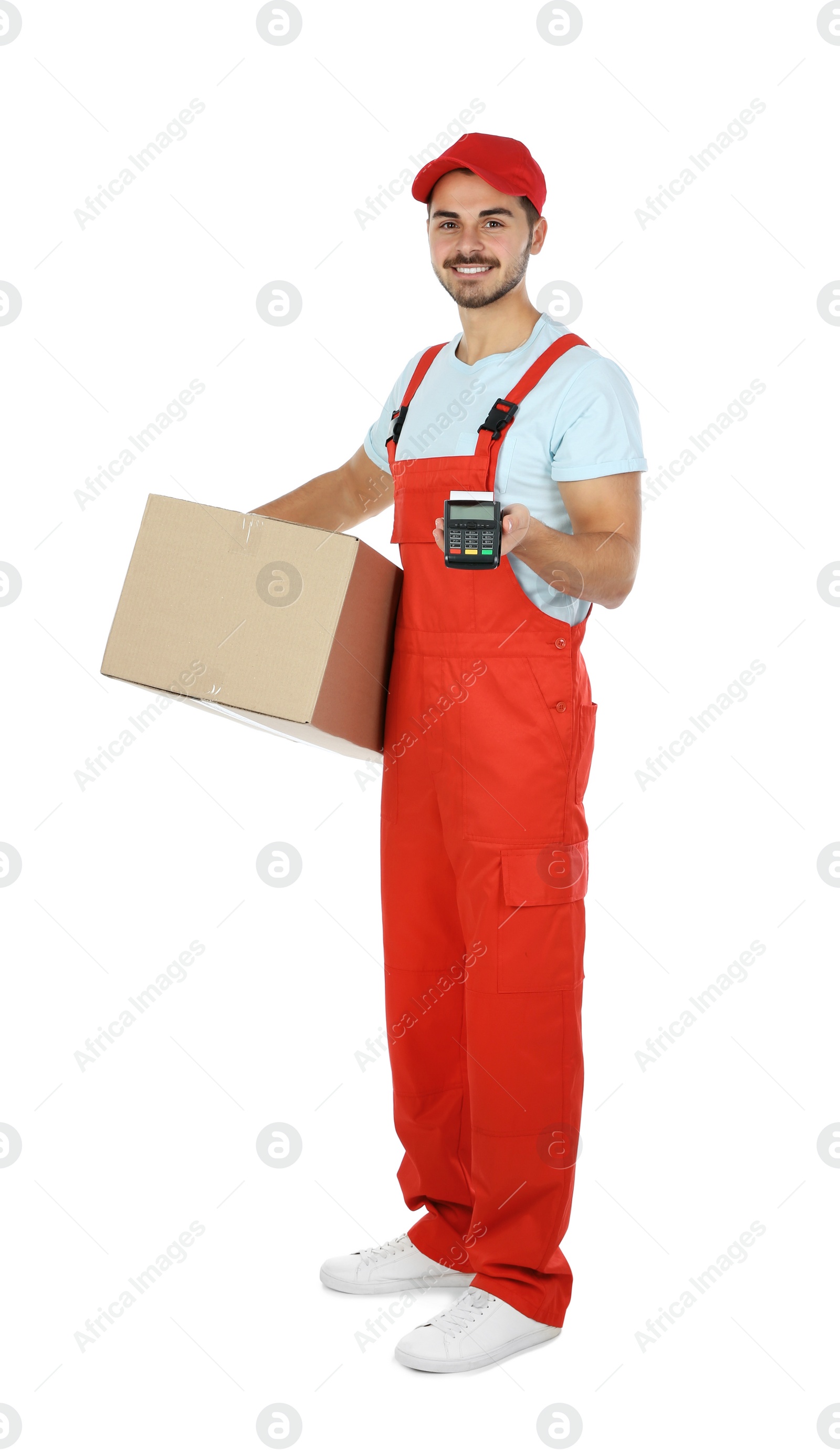Photo of Male courier with parcel and payment terminal on white background. Space for text