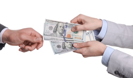 Photo of Money exchange. Man giving dollar banknotes to woman on white background, closeup