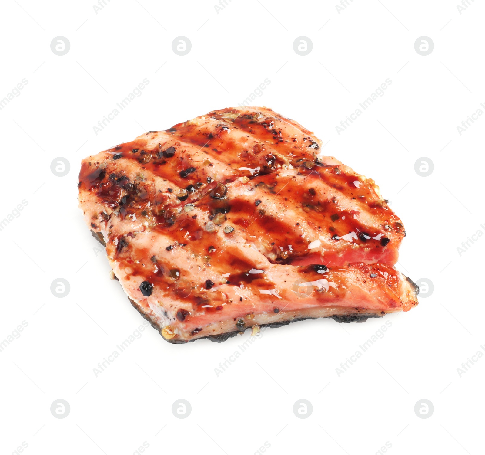 Photo of Piece of tasty grilled salmon on white background