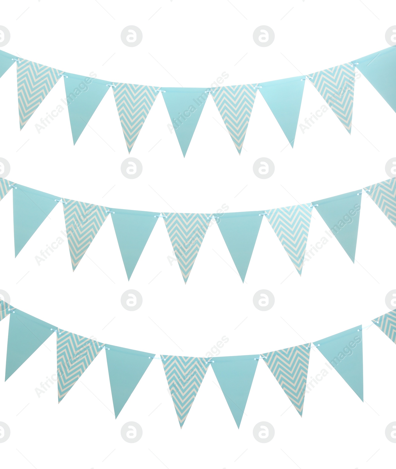 Photo of Rows of triangular bunting flags on white background. Festive decor