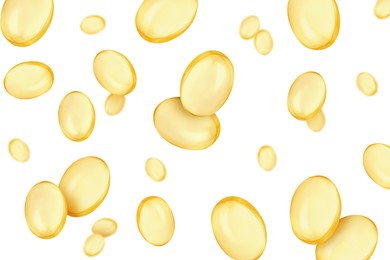 Image of Vitamin. Softgel capsules falling on white background