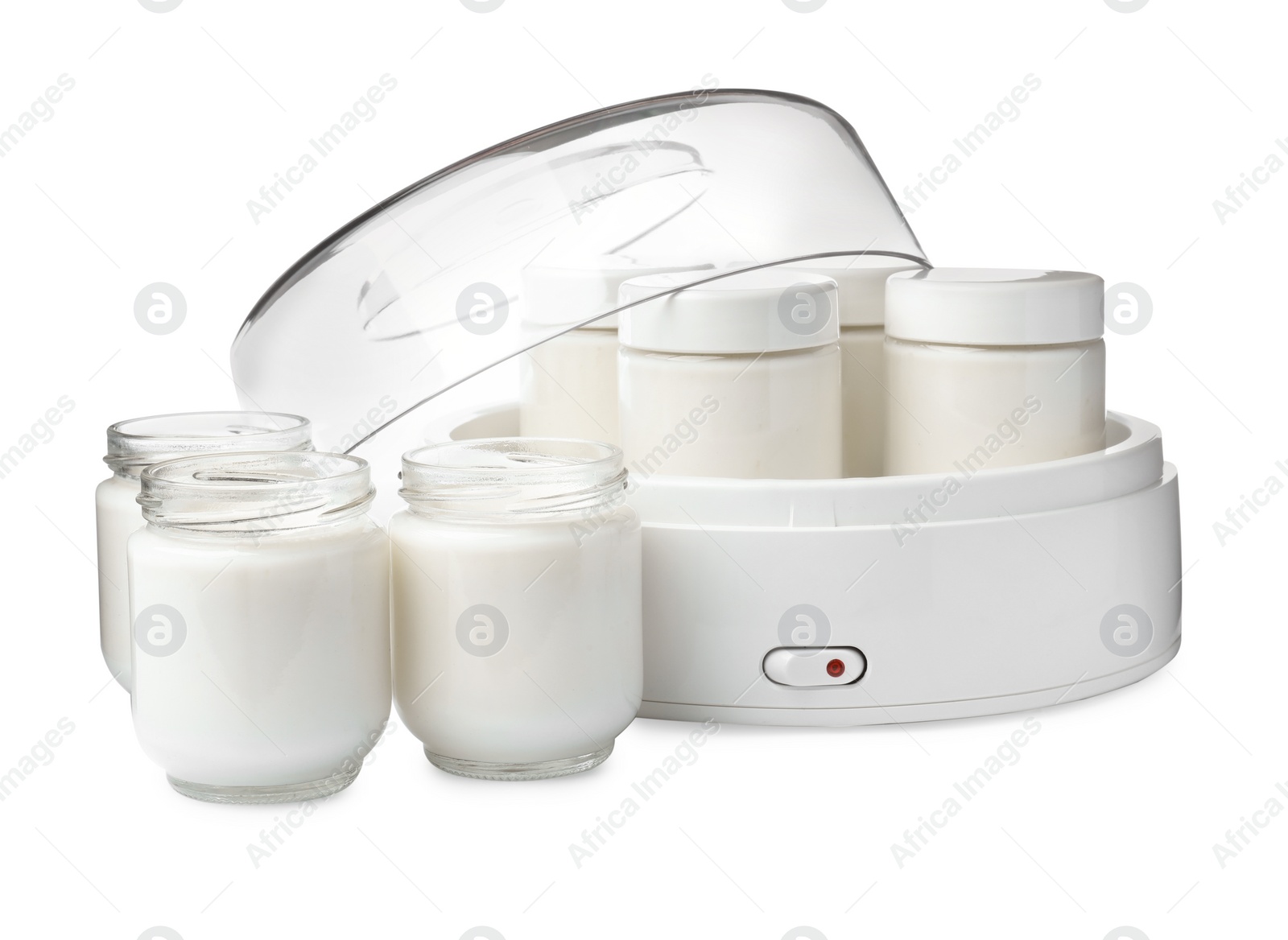 Photo of Modern yogurt maker with full jars on white background