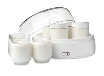 Photo of Modern yogurt maker with full jars on white background