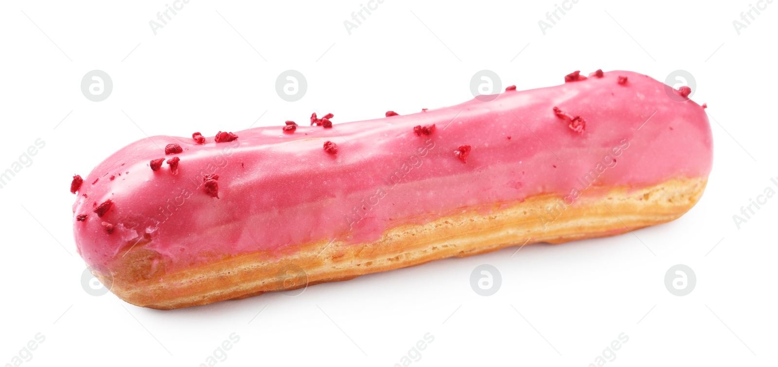 Photo of Delicious eclair covered with pink glaze isolated on white