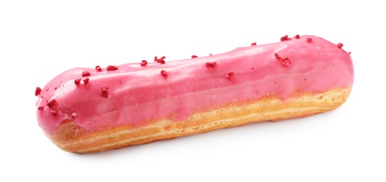 Delicious eclair covered with pink glaze isolated on white