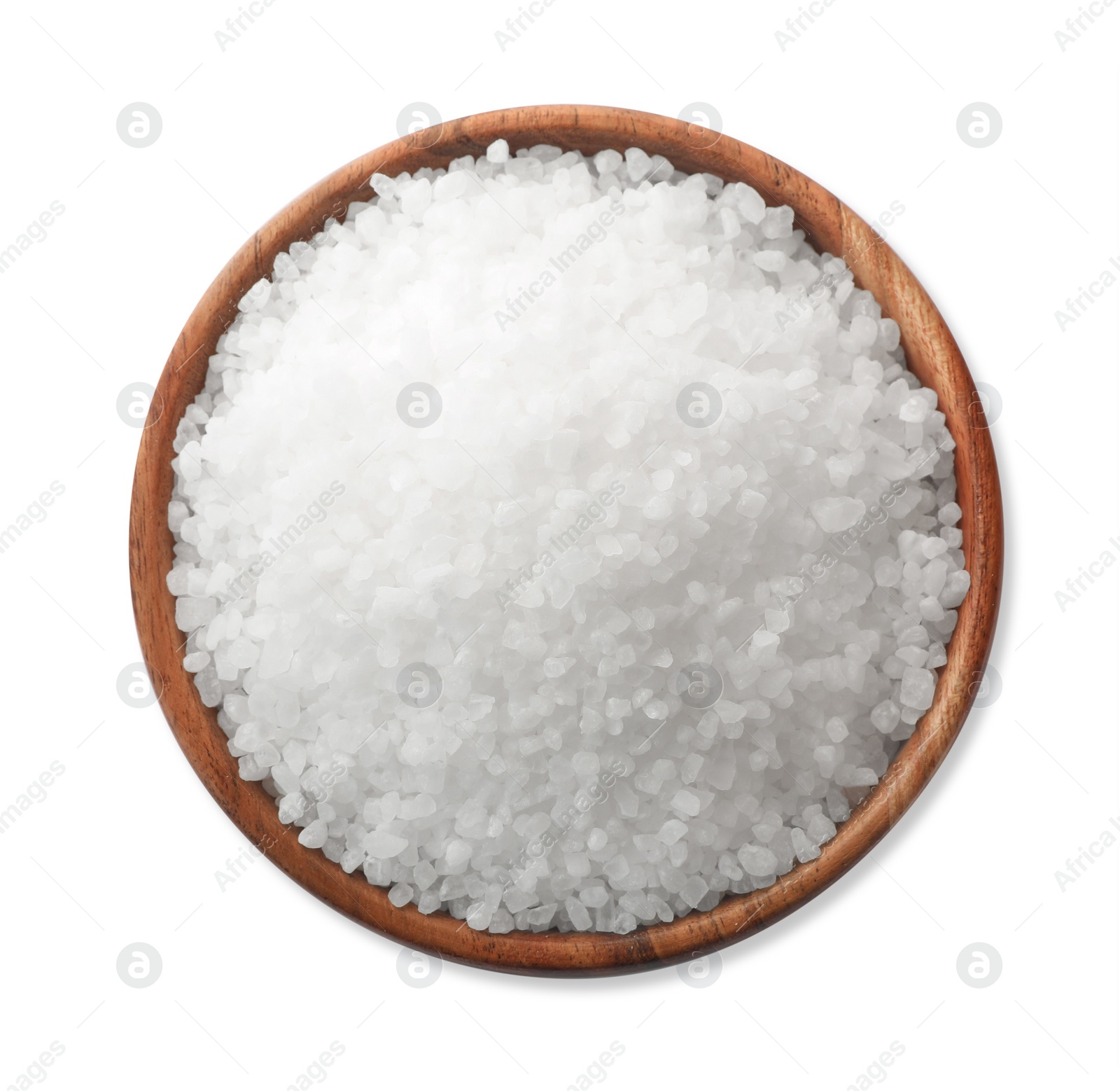 Photo of Natural salt in wooden bowl isolated on white, top view