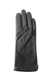 Photo of Stylish black leather glove on white background, top view