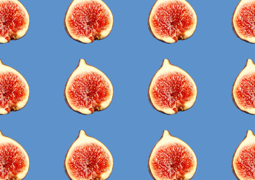 Image of Pattern of cut figs on blue background