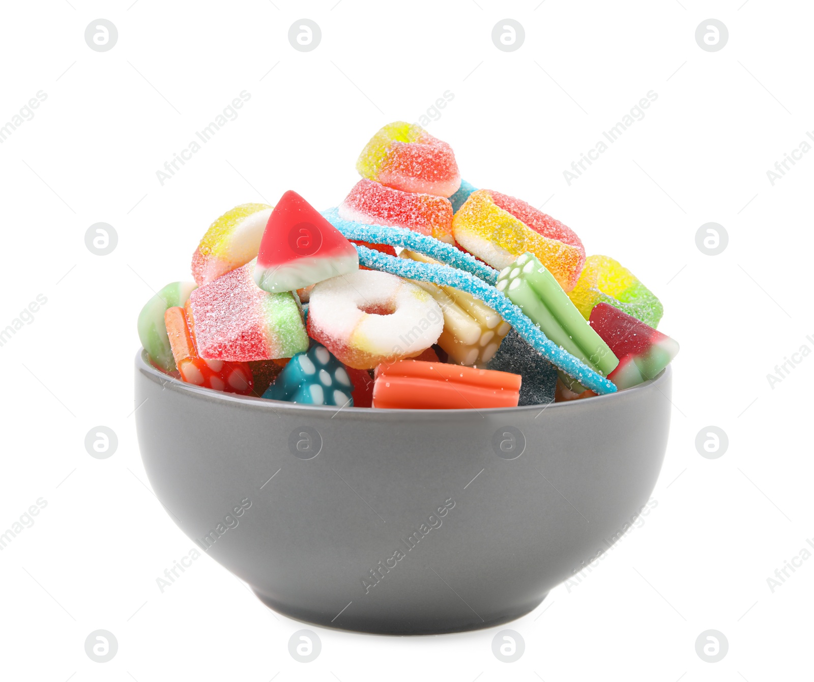 Photo of Bowl of tasty colorful jelly candies on white background