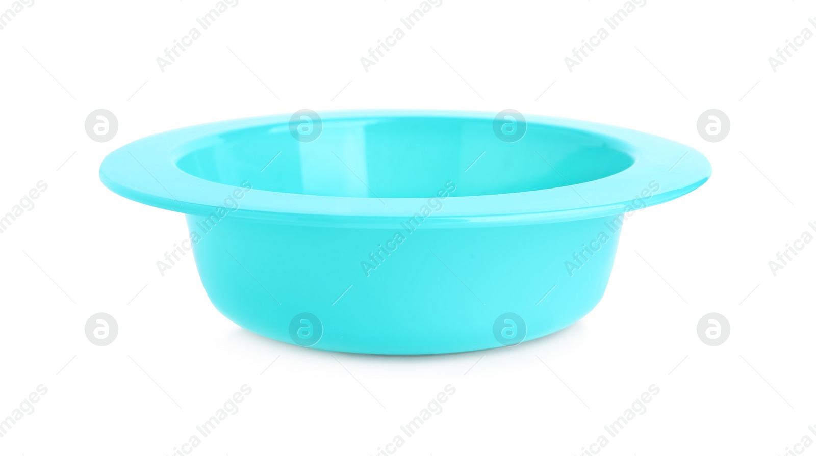 Photo of Blue plastic bowl isolated on white. Serving baby food