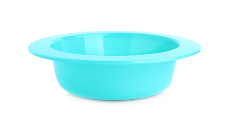 Blue plastic bowl isolated on white. Serving baby food
