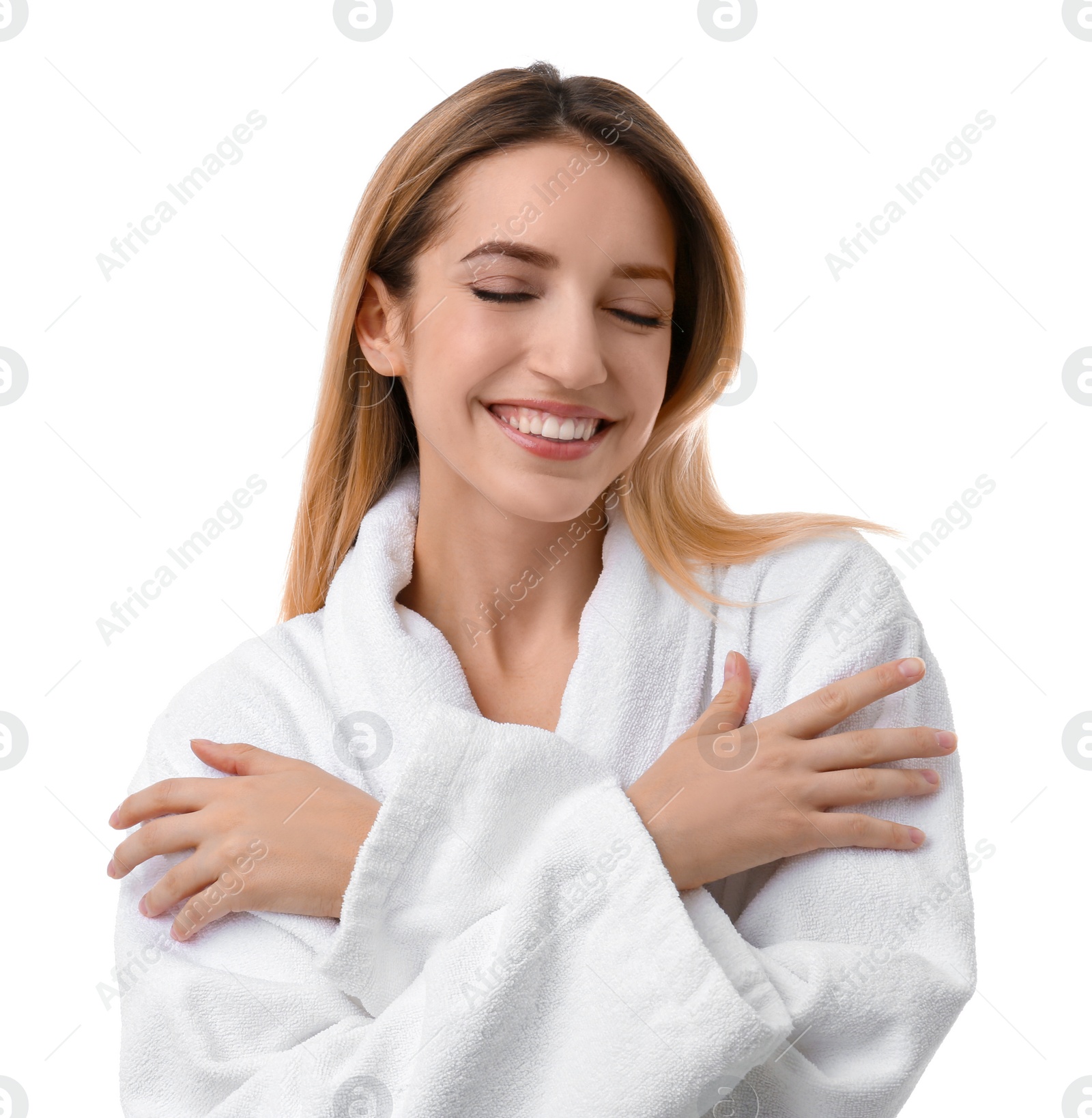 Photo of Beautiful young woman with silky skin on white background