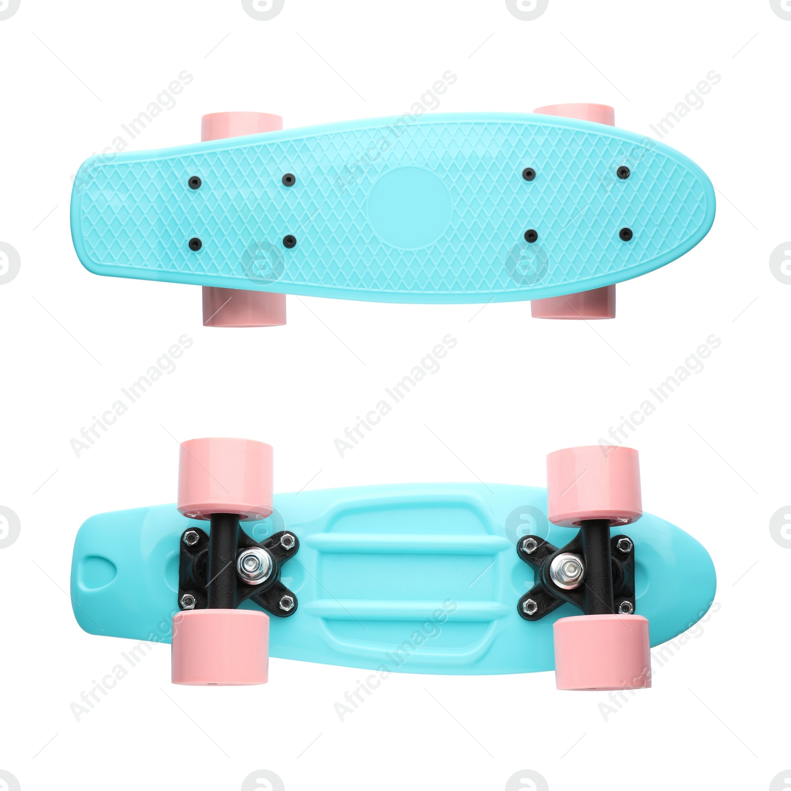 Image of Turquoise skateboards with pink wheels on white background, collage. Sport equipment