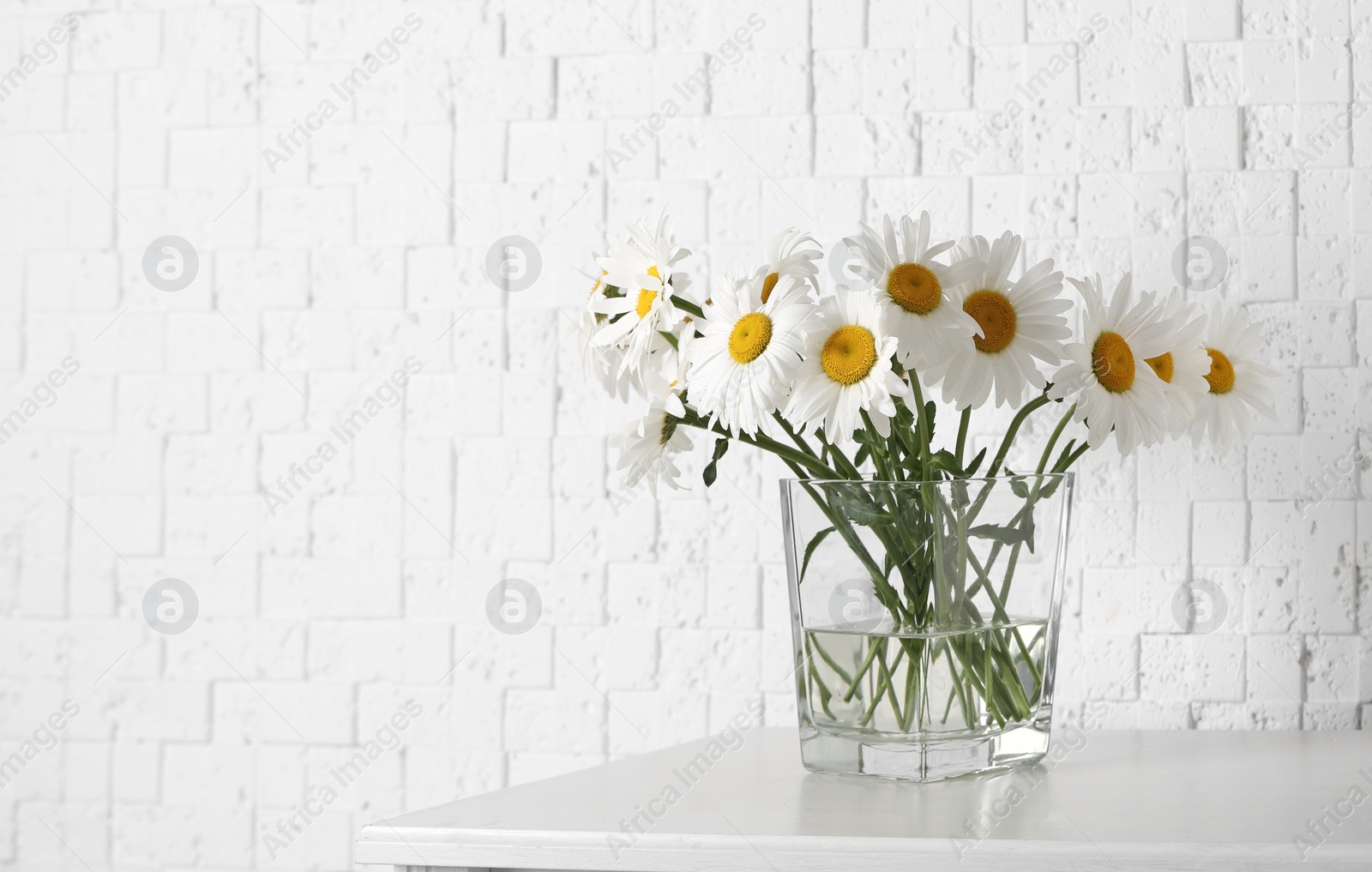 Photo of Beautiful tender chamomile flowers in vase on wooden commode near white textured wall, space for text