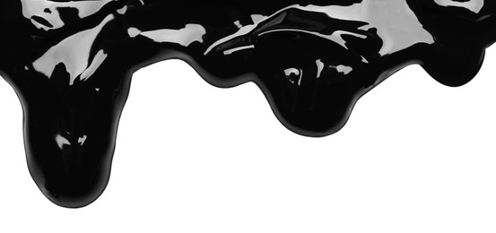 Photo of Blot of black glossy paint on white background, top view