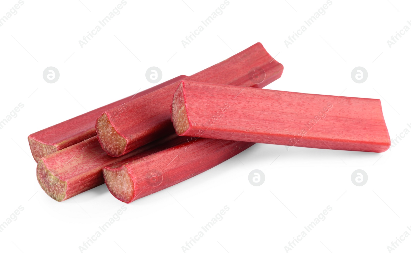 Photo of Stalks of fresh ripe rhubarb isolated on white