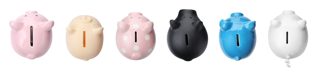 Image of Set with different piggy banks on white background, top view. Banner design