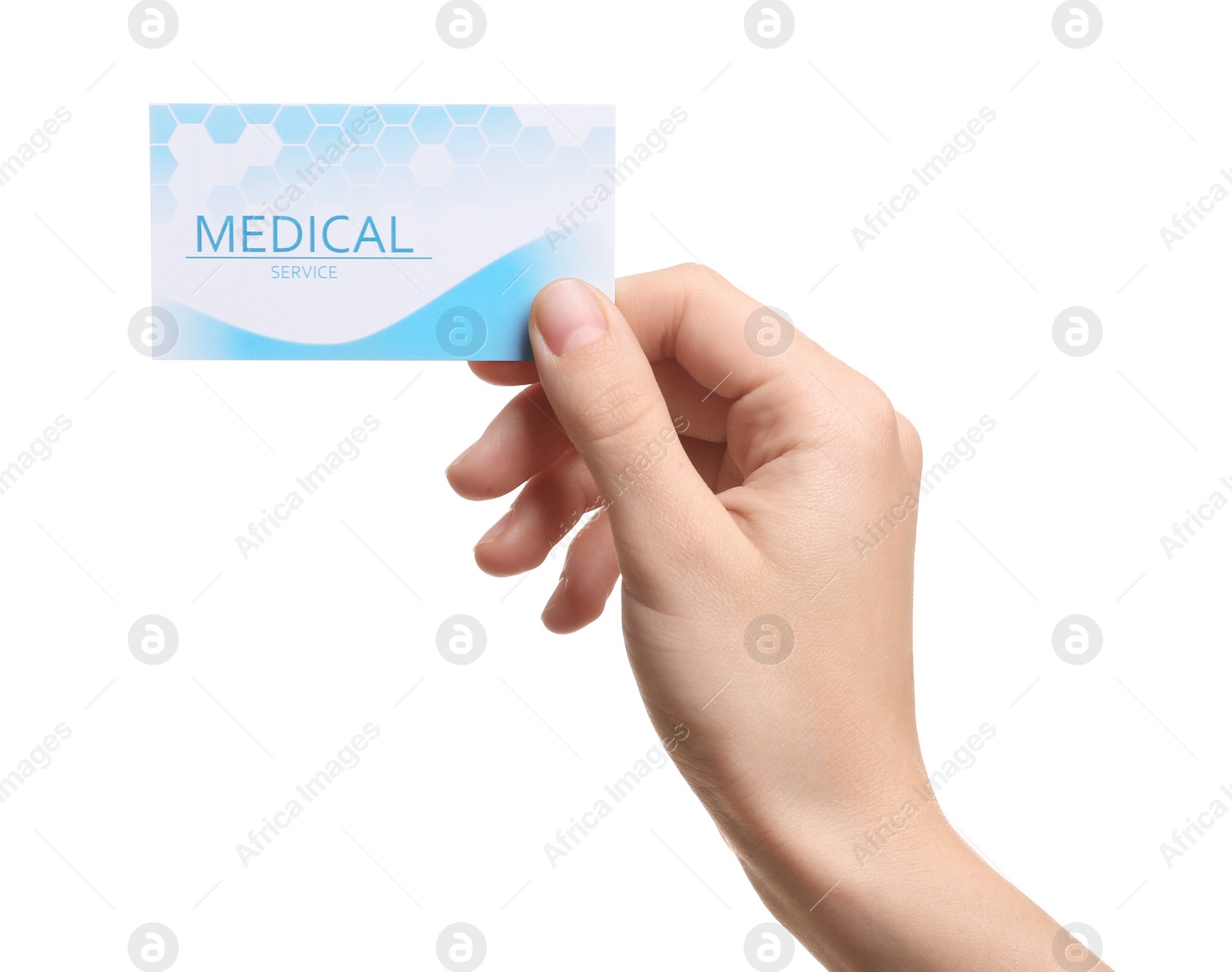 Photo of Woman holding business card isolated on white, closeup. Medical service