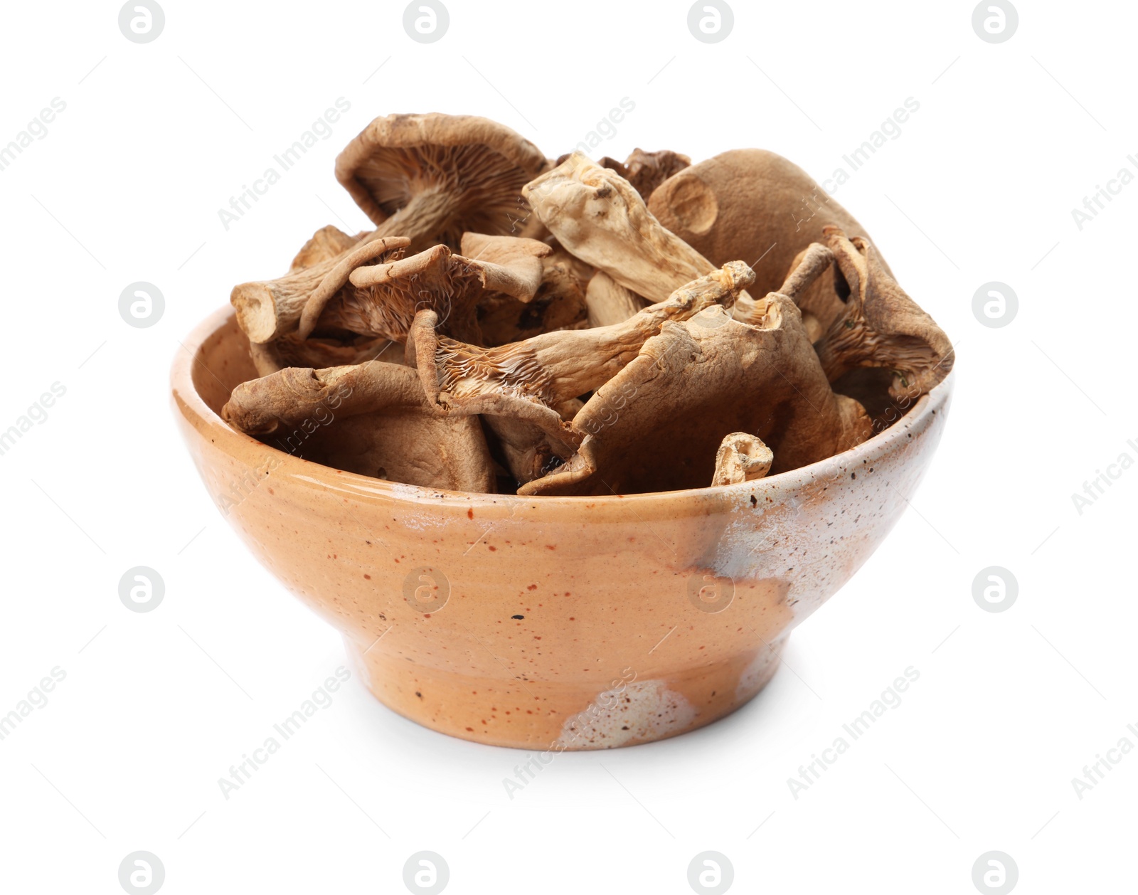 Photo of Bowl of dried mushrooms isolated on white