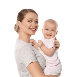 Portrait of happy mother with her baby isolated on white