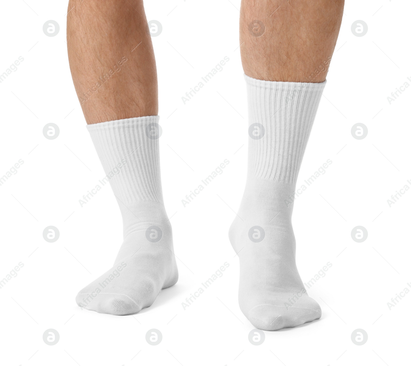 Photo of Man in stylish socks on white background, closeup