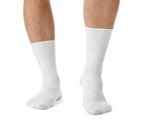 Photo of Man in stylish socks on white background, closeup