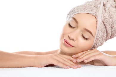 Photo of Portrait of young pretty woman with towel on white background