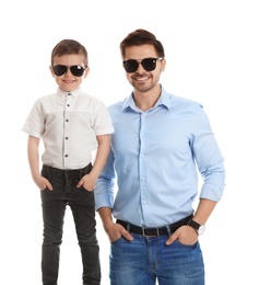 Portrait of dad and his son isolated on white