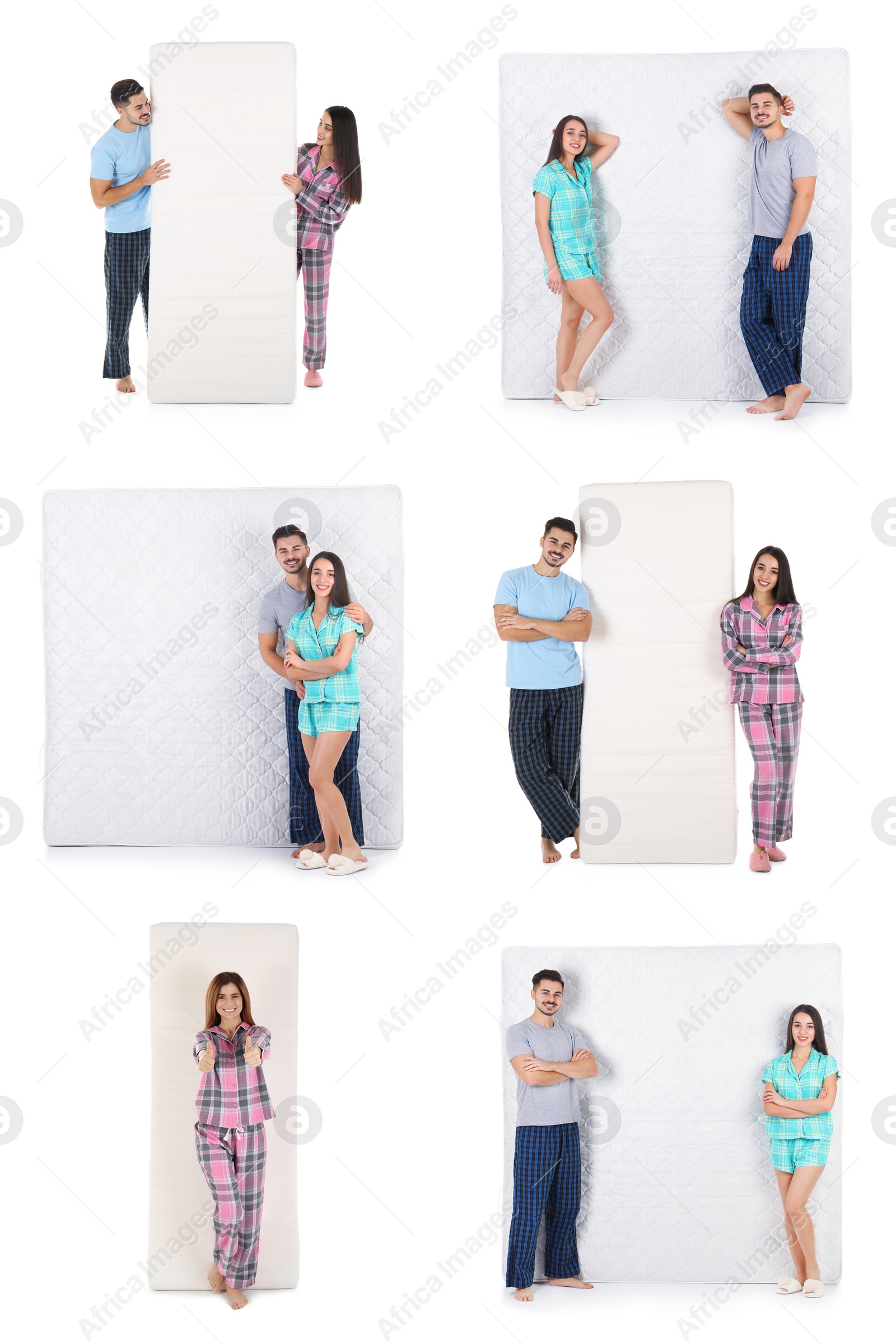 Image of Collage with photos of people and mattresses on white background