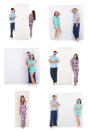 Collage with photos of people and mattresses on white background