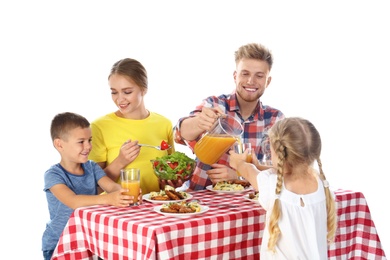 Photo of Happy family having picnic at table on white background