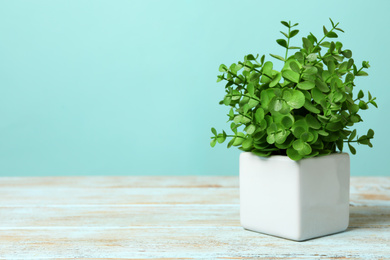 Photo of Artificial plant in white flower pot on light blue wooden table. Space for text