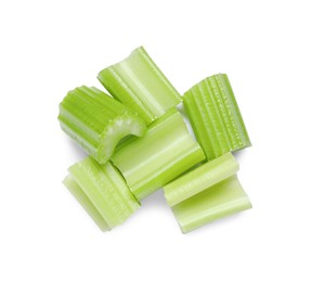 Photo of Fresh cut celery isolated on white, top view