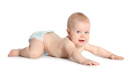 Photo of Cute little baby crawling on white background