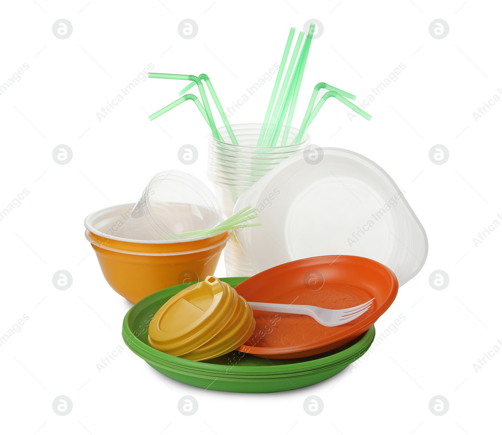 Photo of Pile of different plastic items on white background