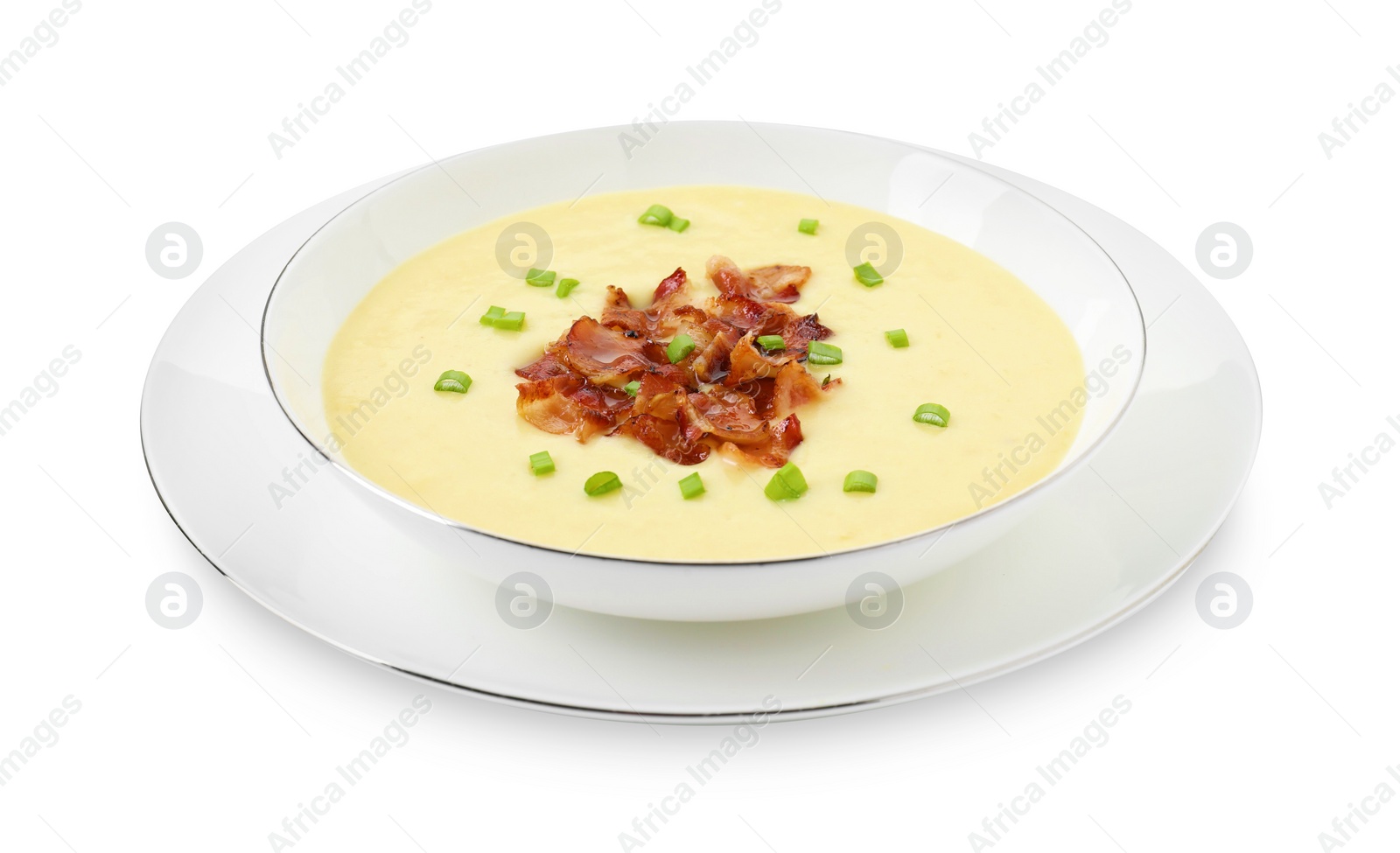 Photo of Tasty potato soup with bacon and green onion in bowl isolated on white