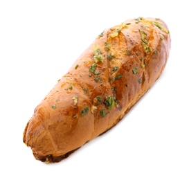 Photo of Bread loaf with garlic and herbs on white background